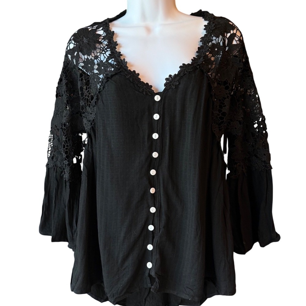 Lace Button Front Blouse Romantic Cottagecore Women's Size Small Black